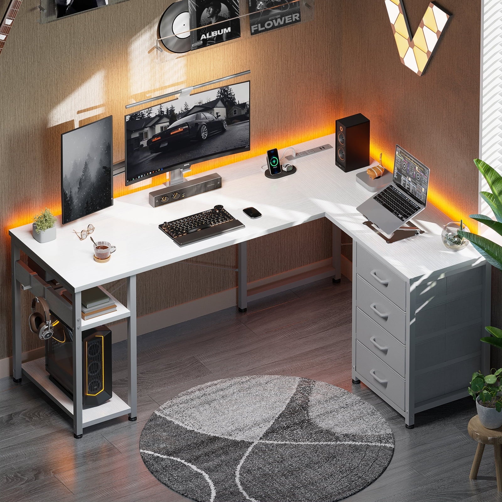 Sofanext Reversible Modern Simple Style L Shaped Desk with Charging Station and Drawers, Pure White