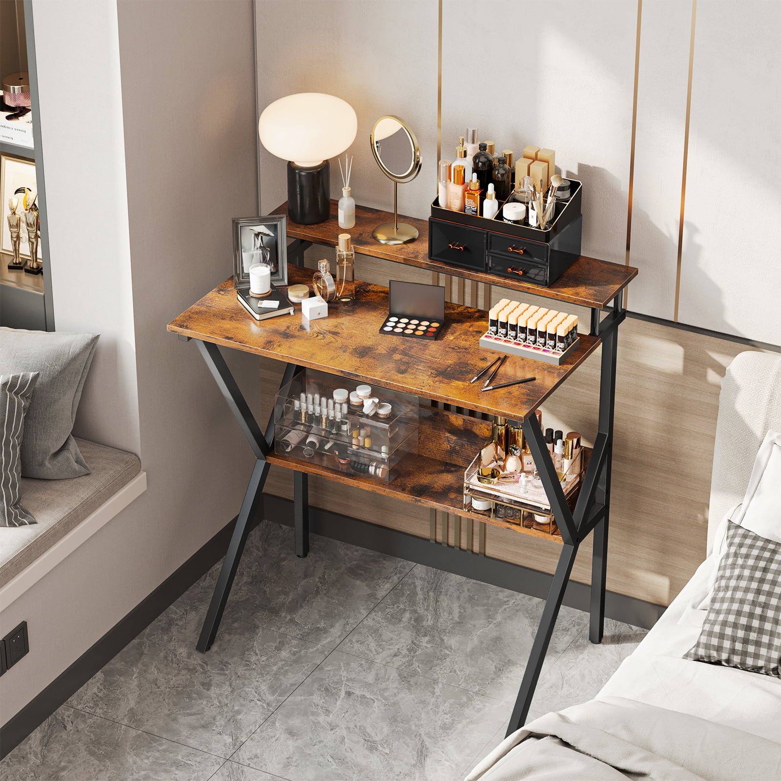 Small Computer Desk with Monitor for Kid, 27.5 inch Studying Writing Table for Home Office, Modern Style Computer Desk for Small Space with Storage Shelf, Vintage