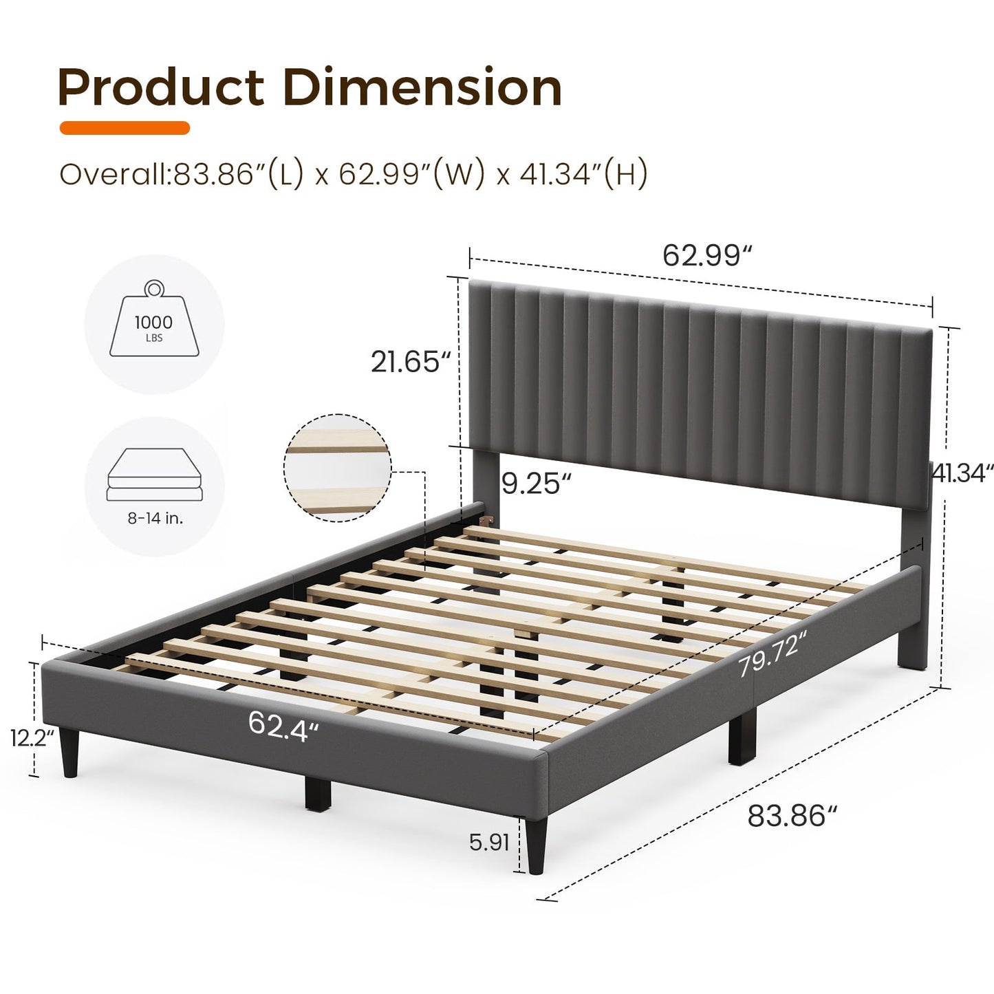 Sofanext Queen Platform Bed Frame with Velvet Upholstered Headboard, Wood Slat Support, No Box Spring, Noise-Free, Smoky Grey