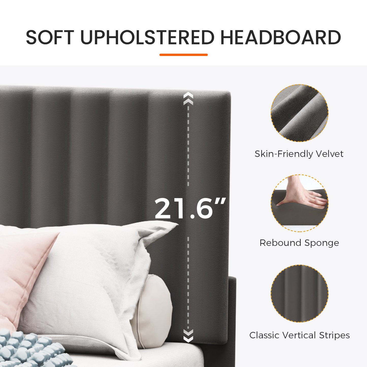 Sofanext Queen Platform Bed Frame with Velvet Upholstered Headboard, Wood Slat Support, No Box Spring, Noise-Free, Smoky Grey