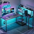 Sofanext 53" Gaming Desk with Hutch, Reversible L-Shaped Desk with LED Light, USB Ports & Power Outlets, Home Office Desk with CPU Stand, Carbon Fiber Black