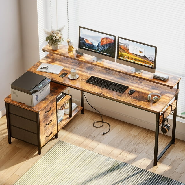 55 inch L Shaped Computer Desk with Drawers & Power Outlets, L-Shaped Gaming Desk with Removable File Cabinet, Reversible Corner Desk with Monitor Stand for Home Office Workstation, Rustic Brown