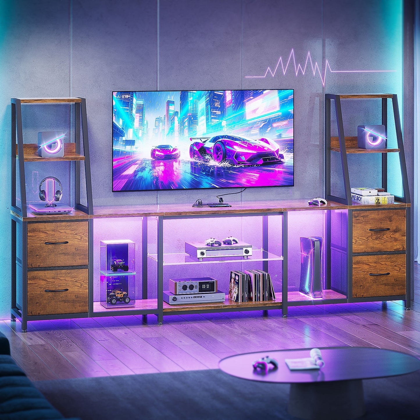 Sofanext TV Stand for up to 65 Inch TV, 87" Entertainment Center with Power Outlets & LED Lights, Modern Media Console with Glass Shelf & 4 Fabric Drawers for Living Room Bedroom, Vintage