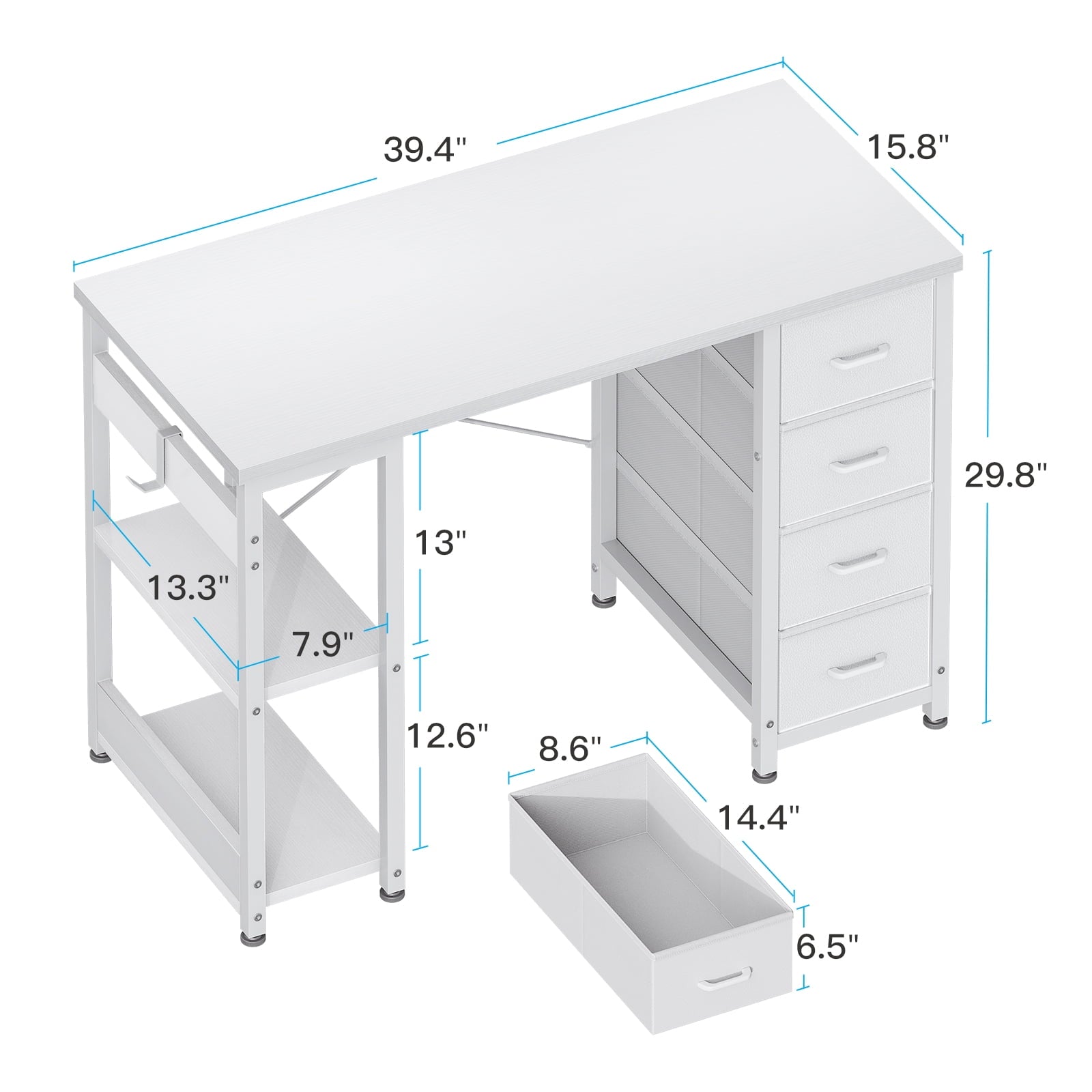 White Computer Desk with Drawers & Storage Shelves, 40 Inch Corner Desk for Home Office Bedroom, Small Teen PC Desks with Fabric Drawer, White