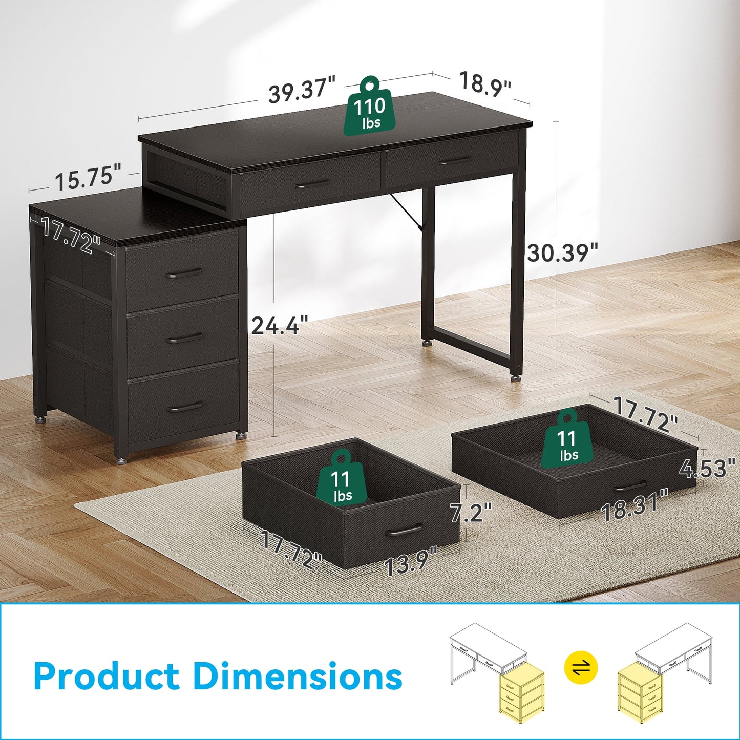 Sofanext Computer Desk with 5 Drawers, Reversible Home Office Desks with Printer Stand, Study Writing Table Workstation for Small Spaces, Black