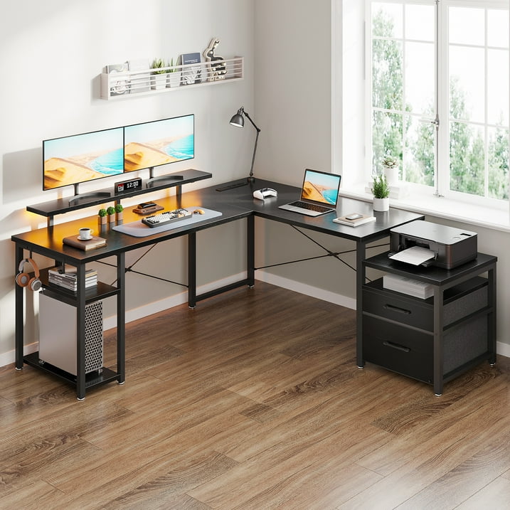 L Shaped Gaming Desk with Drawers, 59