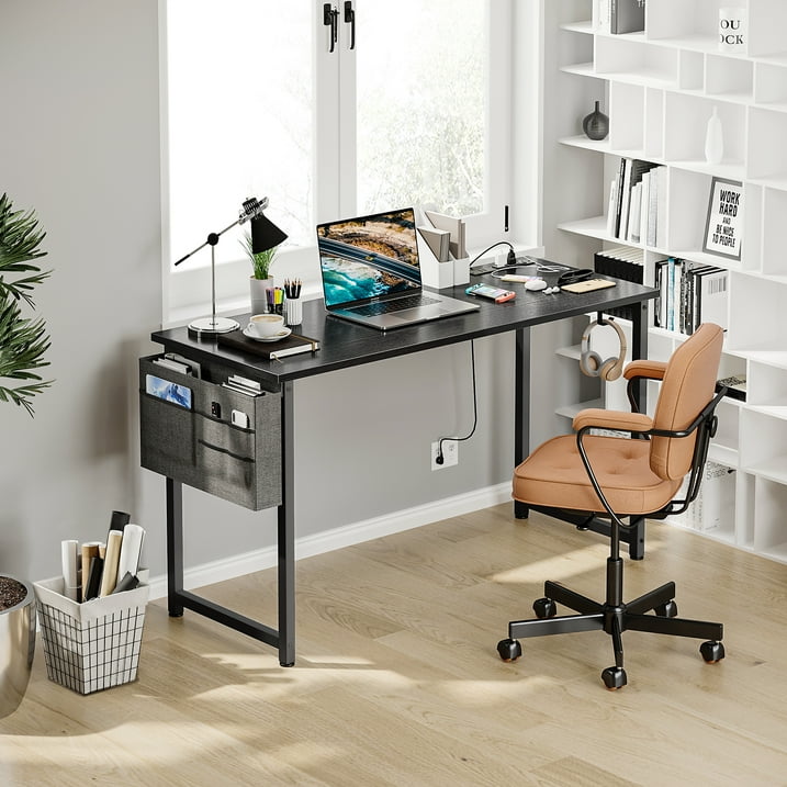 Sofanext 55 inch Computer Desk, Large Home Office Desk with Power Outlet, Student Desk with Storage Bag & Headphone Hook, Black
