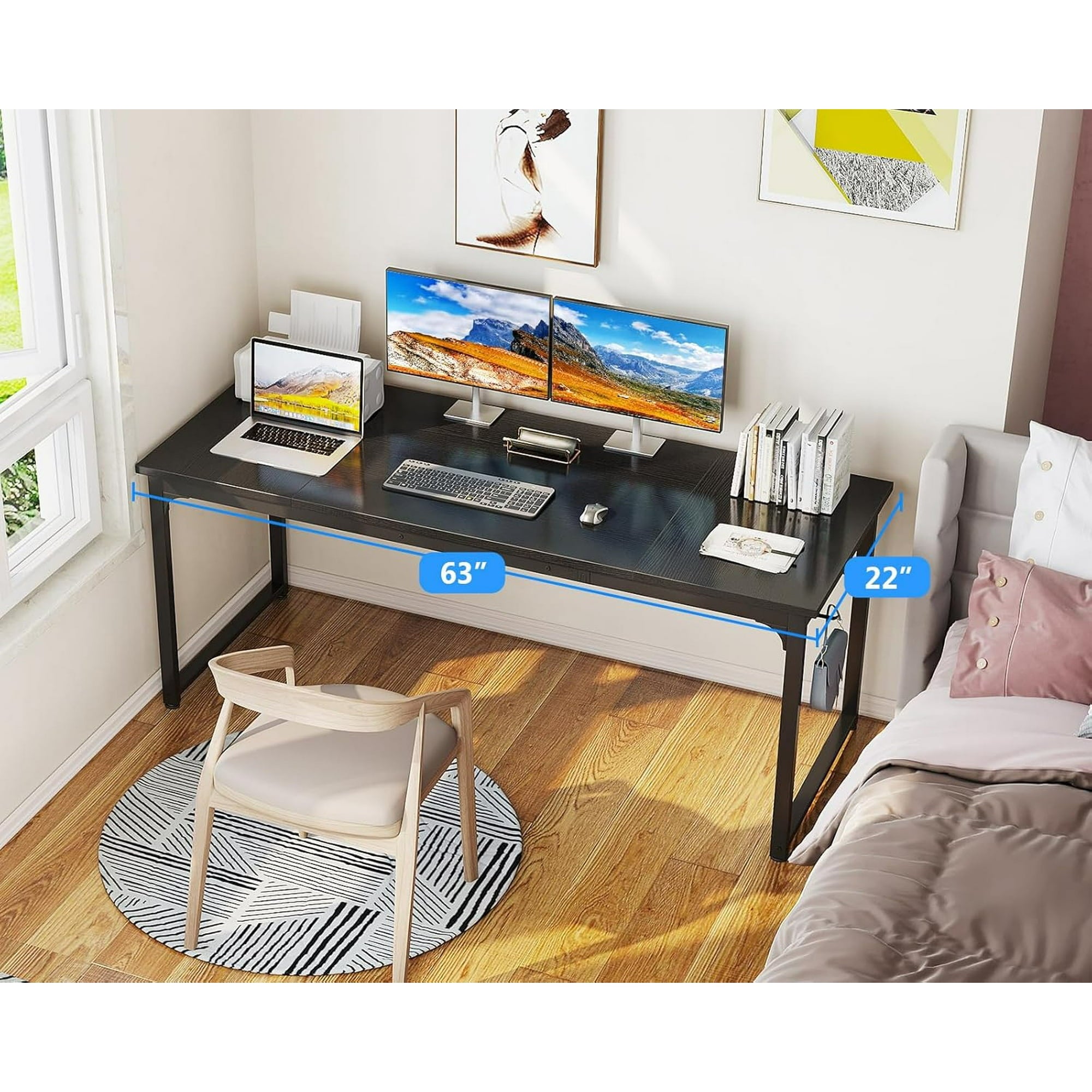 Sofanext Computer Desk 63 Inch, Study Writing Table for Large Spaces, Work Desk for Home Office, Simple Modern Desk with Headphone Hooks, Black