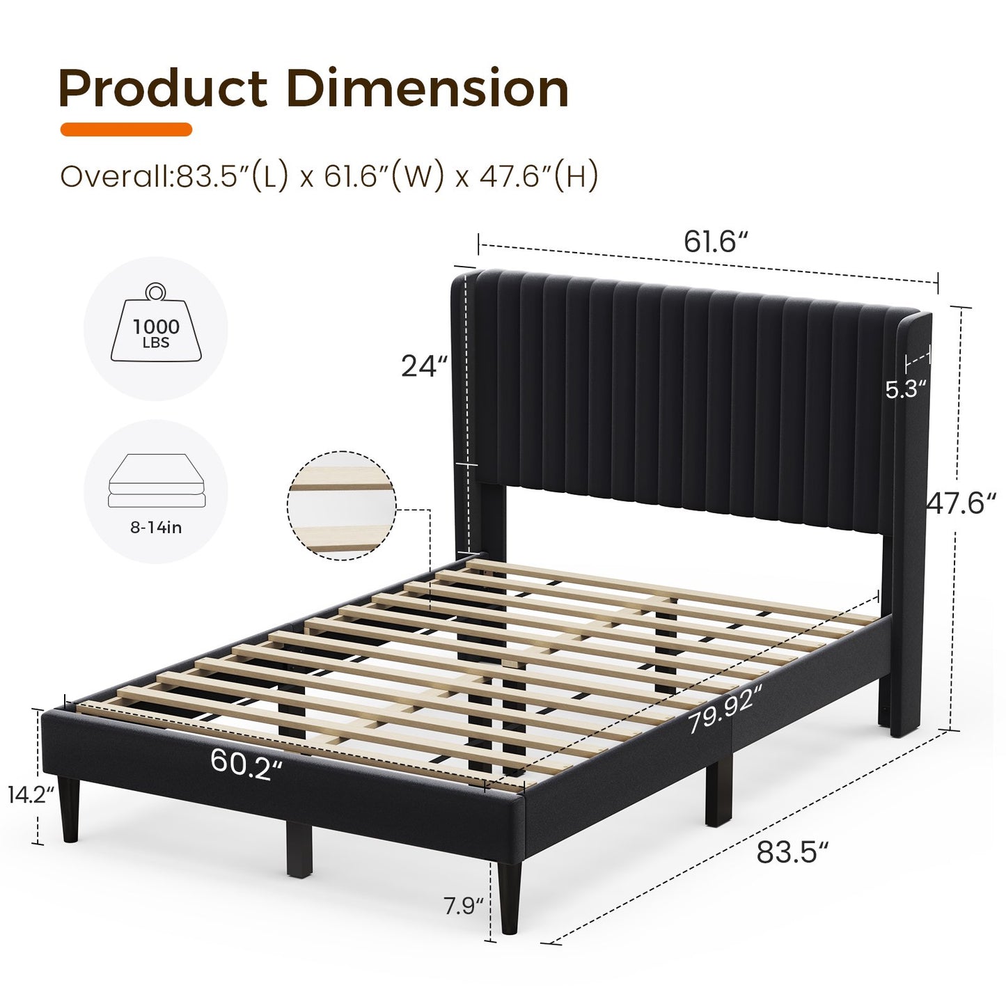 Sofanext Queen Wingback Platform Bed Frame with Tall Velvet Upholstered Headboard, Wood Slat Support, No Box Spring, Noise-Free, Deep Black