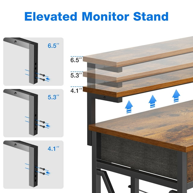 48 inch Office Desk with Adjustable Monitor Stand, Gaming Desk with Power Outlets, Modern Computer Desk with Drawers & Keyboard Tray for Home Office, Vintage