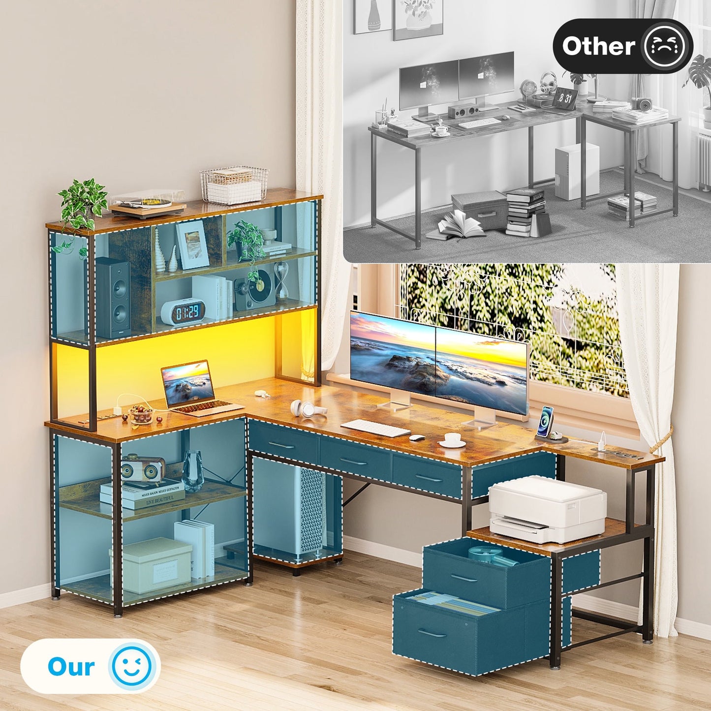 71" L Shaped Office Desk with Drawers & Shelves, Reversible Corner Desk with Power & LED