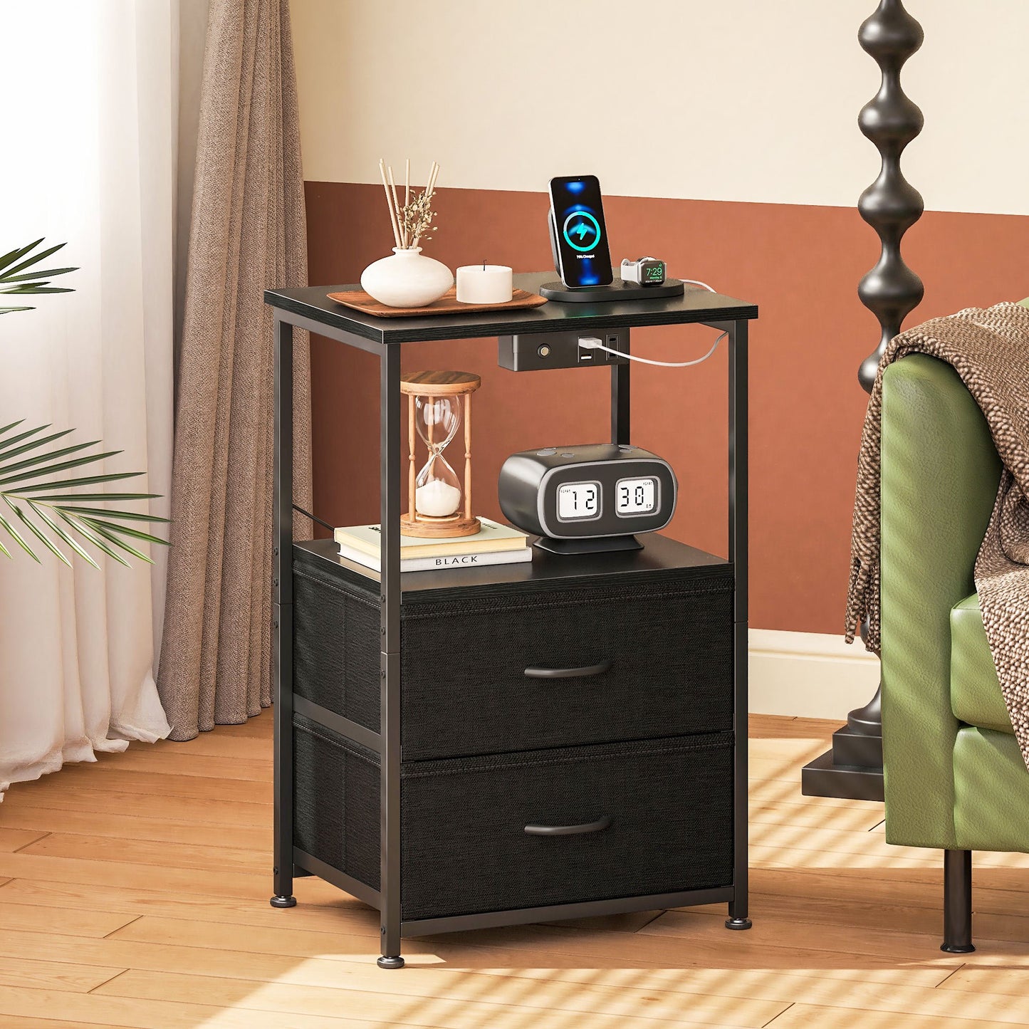Sofanext Night Stand Set 2, LED Light Nightstand with Fabric Drawers, Bedside Tables with Charging Station, End Table with Open Shelf, Small Nightstand for Bedroom, Black