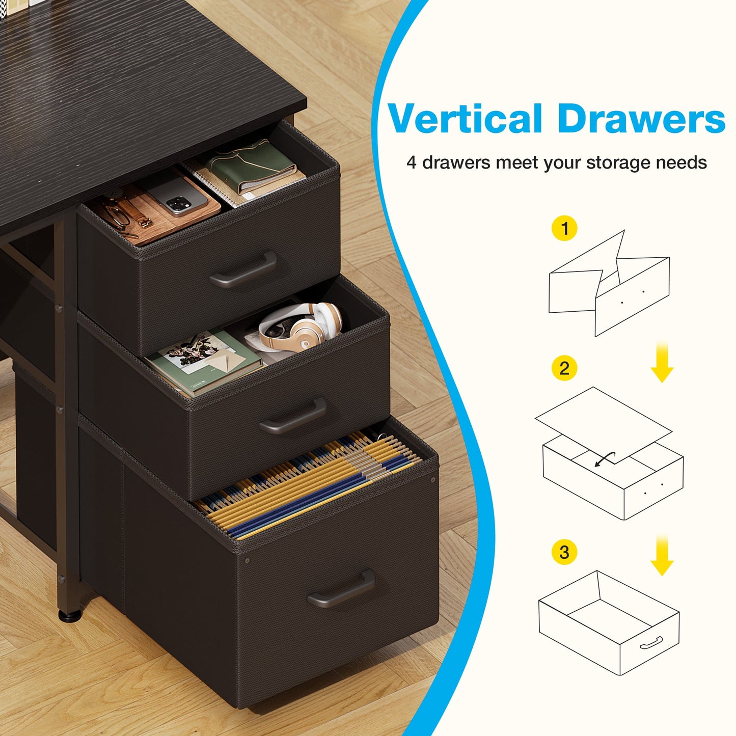 51 Inch Computer Desk with File Drawers & USB Power Outlets- Reversible Home Office Desk with Storage Shelves, Work from Home, Writing Table for Bedroom, Black