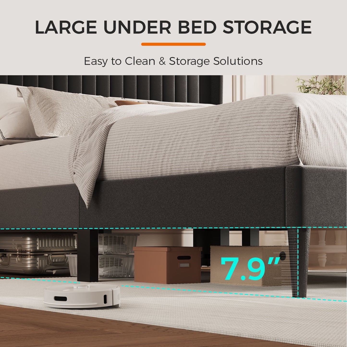 Sofanext Queen Wingback Platform Bed Frame with Tall Velvet Upholstered Headboard, Wood Slat Support, No Box Spring, Noise-Free, Deep Black