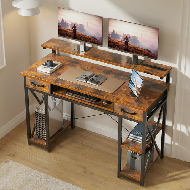 48 inch Office Desk with Adjustable Monitor Stand, Gaming Desk with Power Outlets, Modern Computer Desk with Drawers & Keyboard Tray for Home Office, Vintage