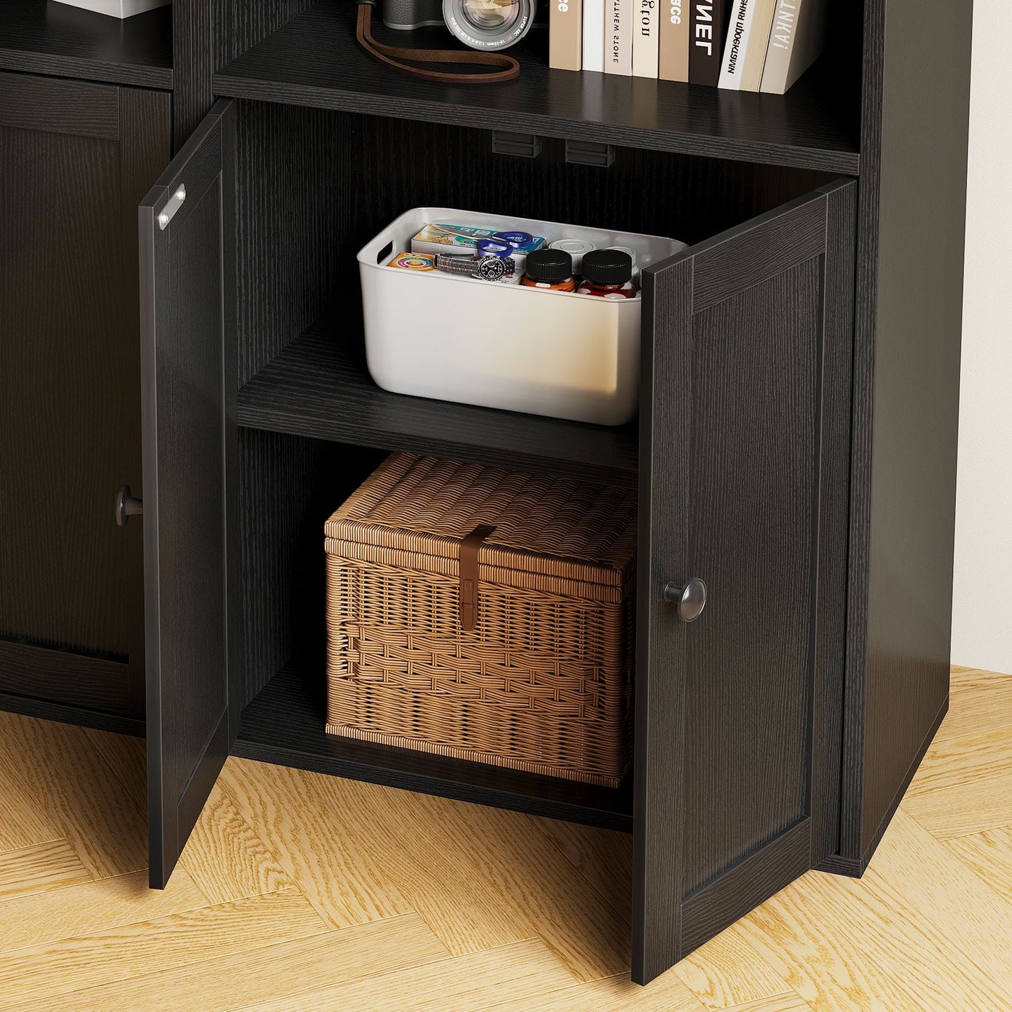 Sofanext 6-Tier Bookcase Set of 2 with Cabinet, Modern Bookshelf for Home Office, Living Room or Bedroom, Easy Assembly & Stable Structure, Black