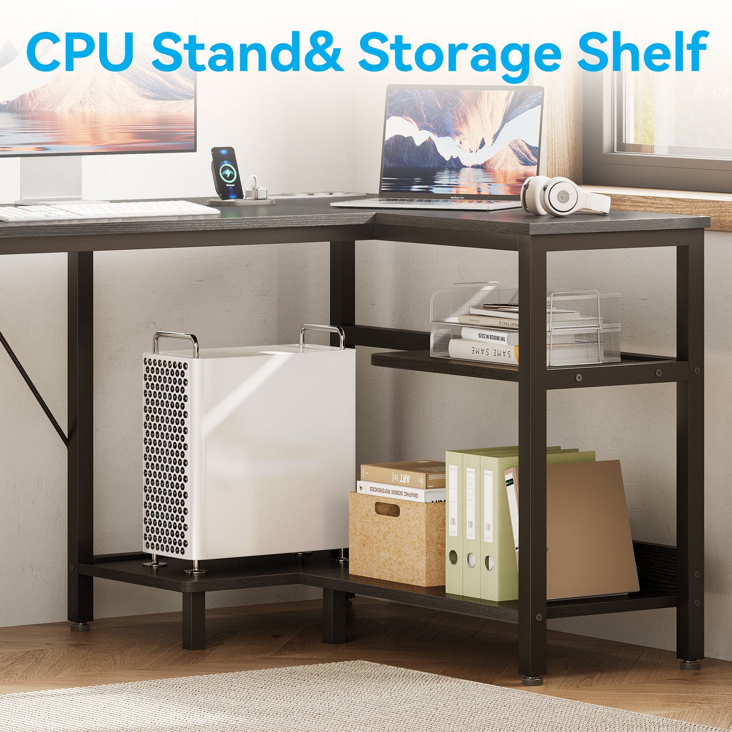 55" Office Desk with Power Outlets & CPU Holder, L-Shaped Corner Desk with File Cabinet, Storage Shelf & 2 Drawers for Large Spaces, Black