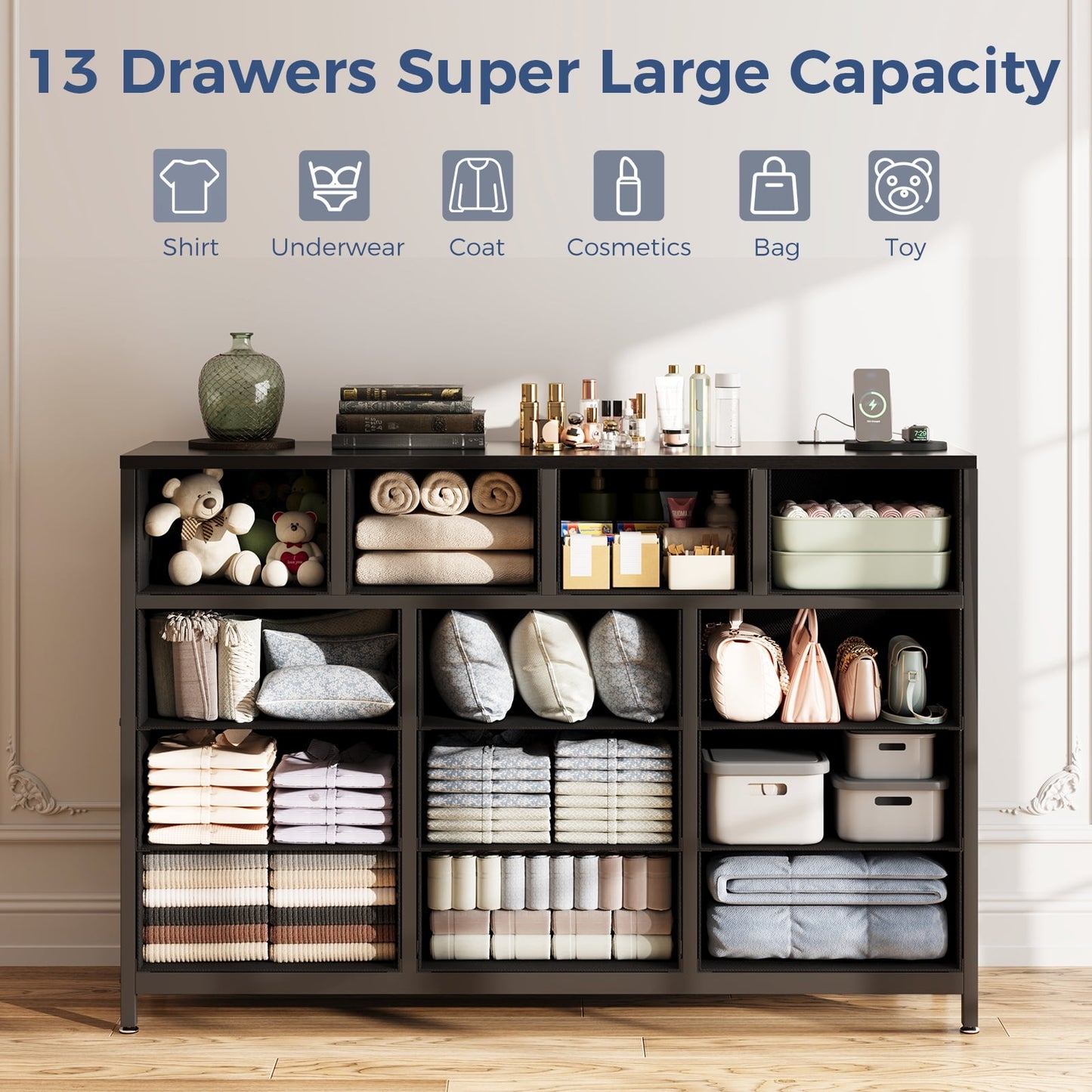 Casacomoda Dresser with Charging Station, 55-Inch Long Dressers for Bedroom, Large Dressers TV Stand with 13 Storage Drawers, Fabric Dresser Chest of Drawers, Black