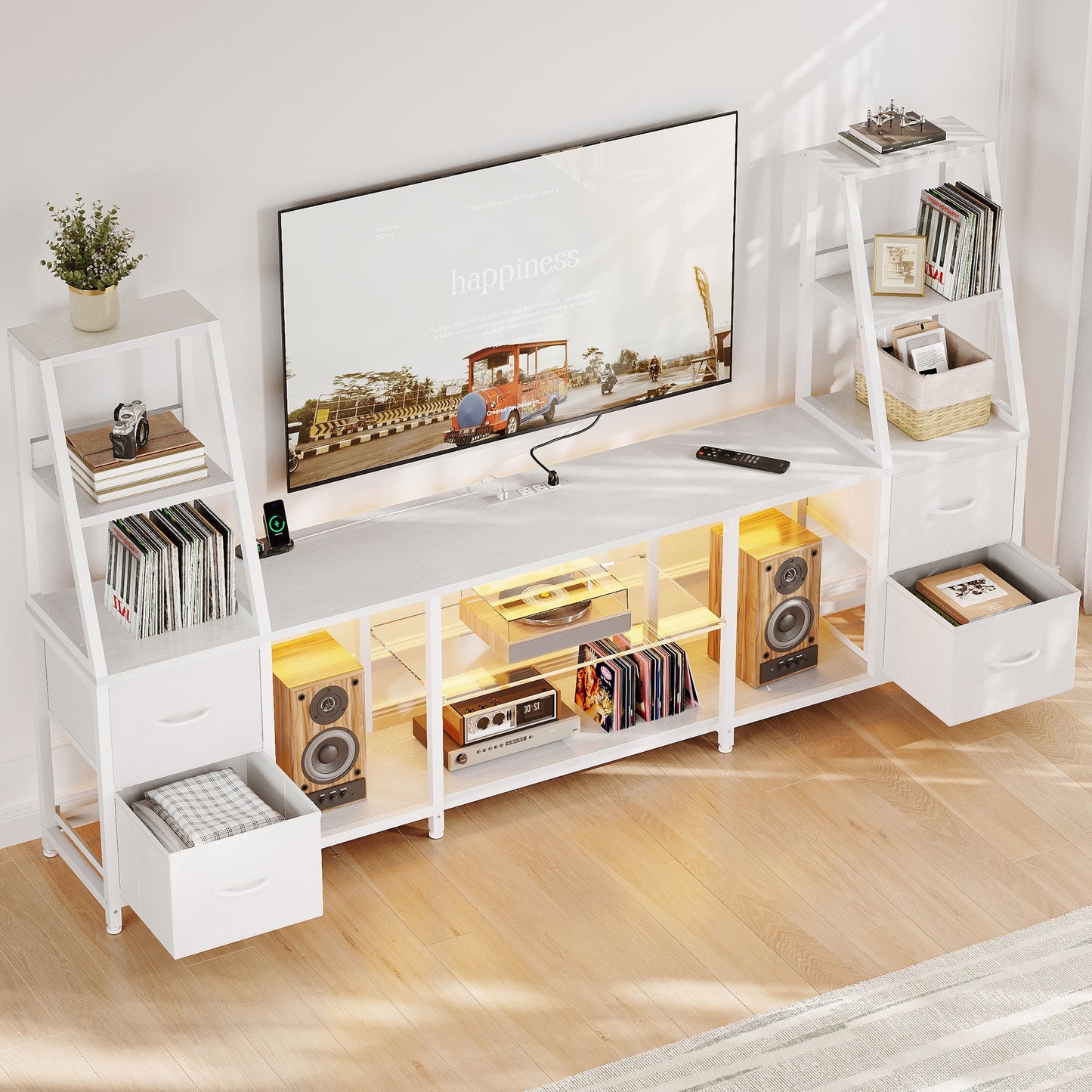 Sofanext TV Stand for up to 65 Inch TV, 87" Entertainment Center with Power Outlets & LED Lights, Modern Media Console with Glass Shelf & 4 Fabric Drawers for Living Room Bedroom, White