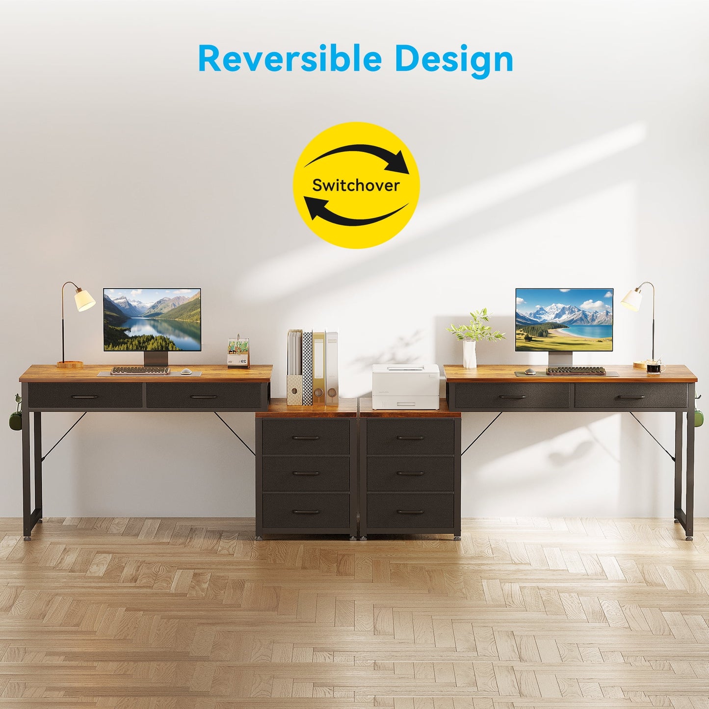 Sofanext Computer Desk with 5 Drawers, Reversible Home Office Desks with Printer Stand, Study Writing Table Workstation for Small Spaces, Vintage