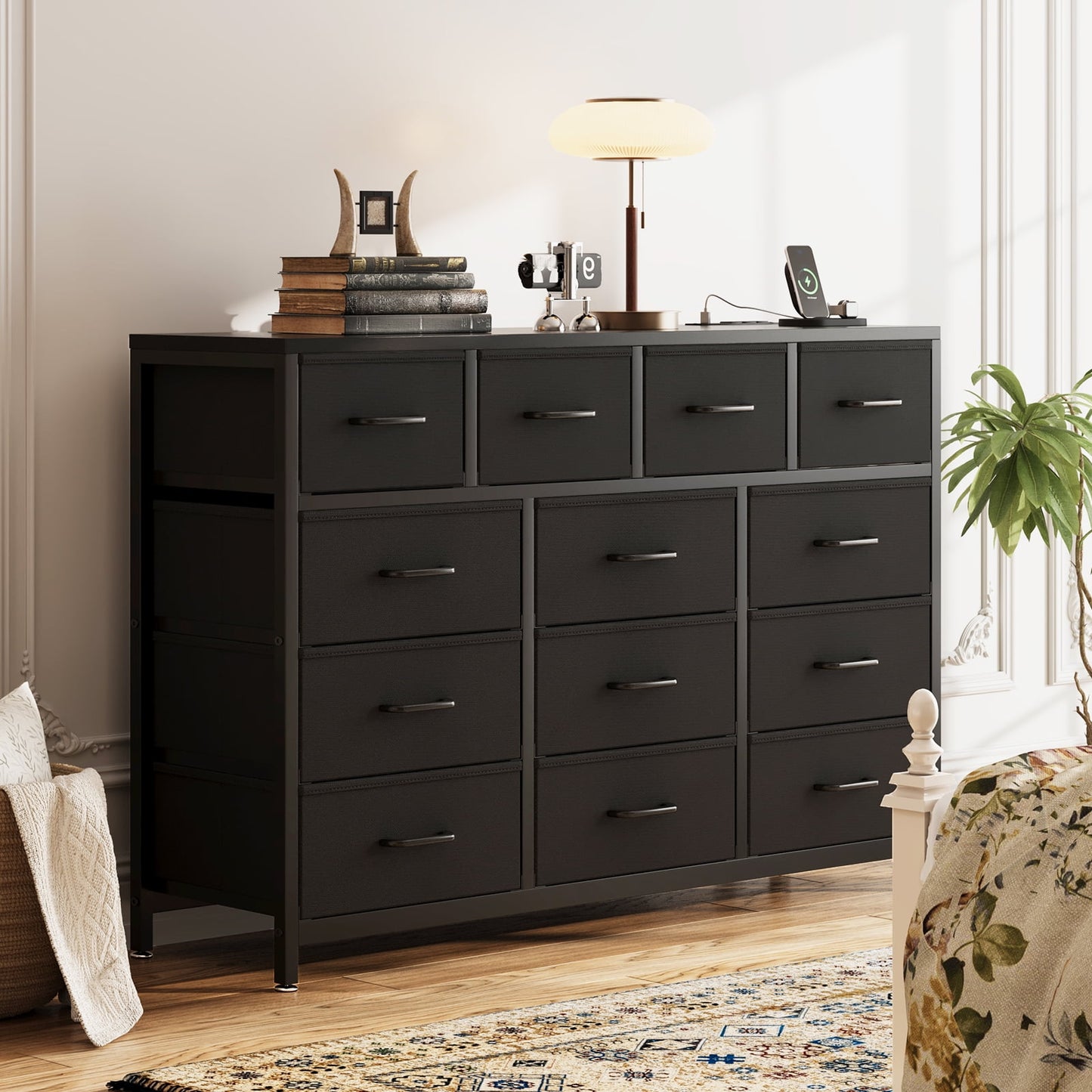 Casacomoda Dresser with Charging Station, 55-Inch Long Dressers for Bedroom, Large Dressers TV Stand with 13 Storage Drawers, Fabric Dresser Chest of Drawers, Black