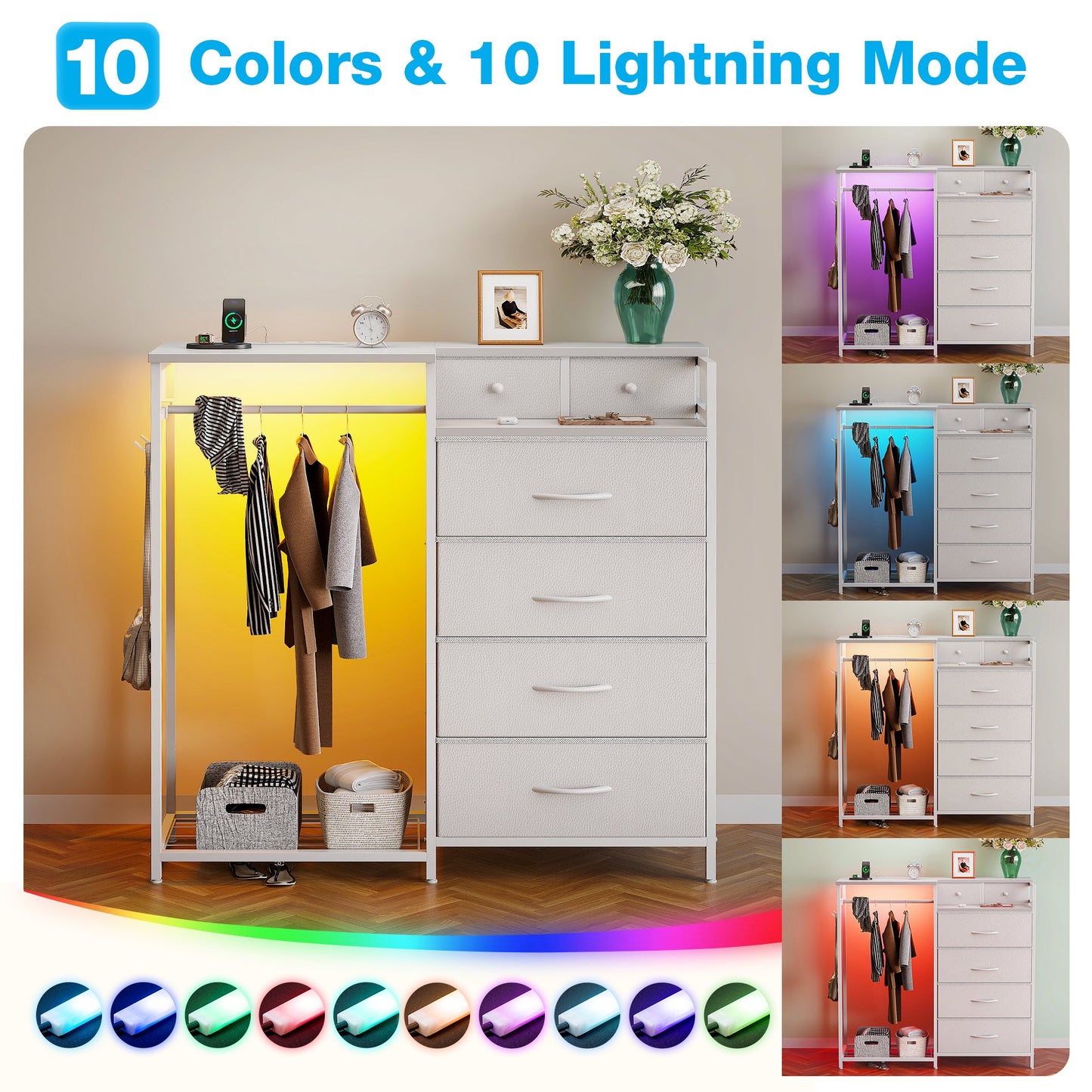Dresser for Bedroom with Clothes Rack, 6 Drawers Dresser with Charging Station & LED Lights, White Storage Chest of Shelf for Bedroom, White