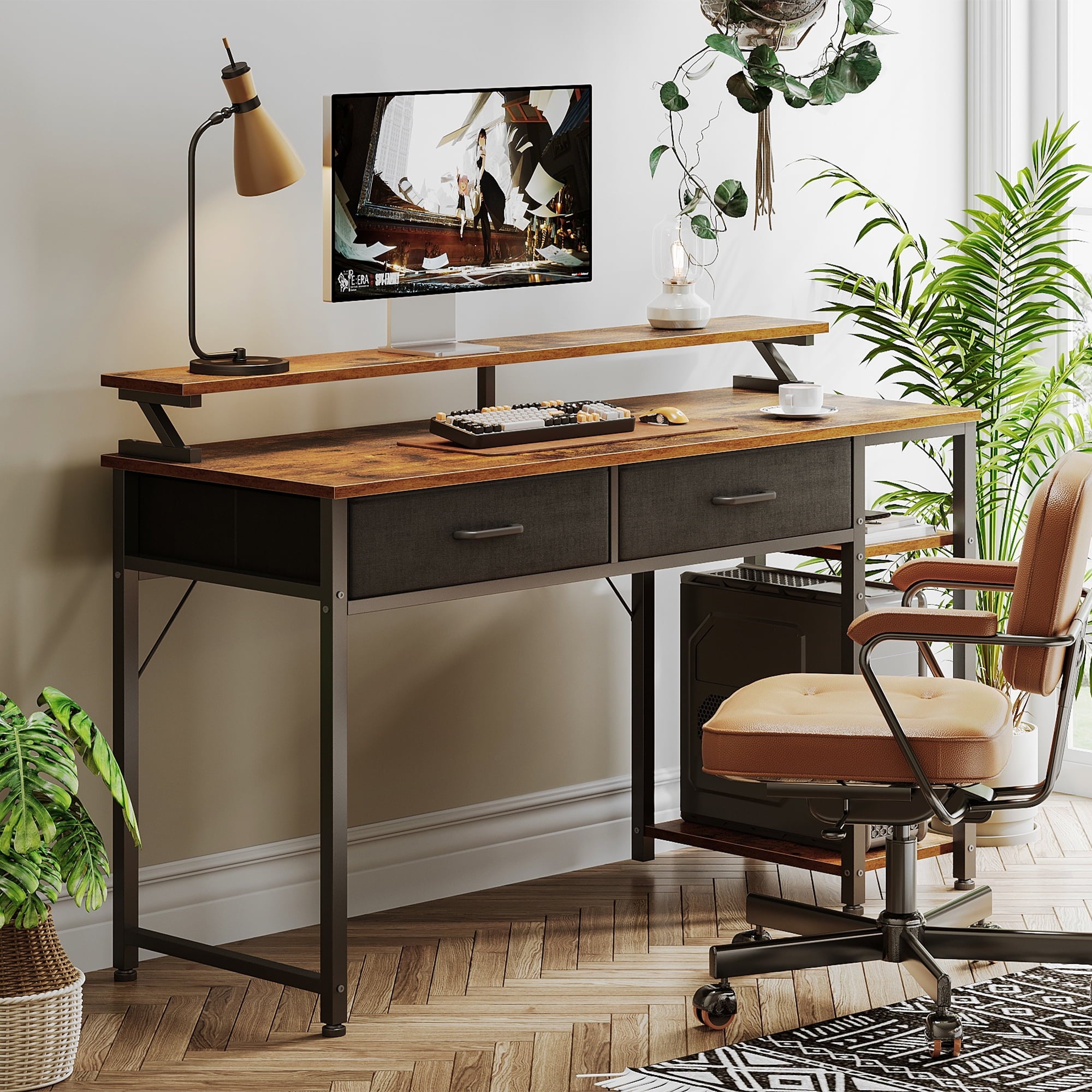 Computer Desk with Drawers and Storage Shelves, 48 inch Home Office Desk with Monitor Stand, Work Study PC Desk for Small Spaces, Rustic Brown