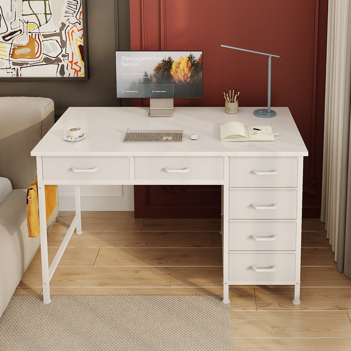 Casacomoda  40" Home Office Desk with 6 Drawers, Modern Computer Desk with Small Space, Corner Computer Desk, Pure White