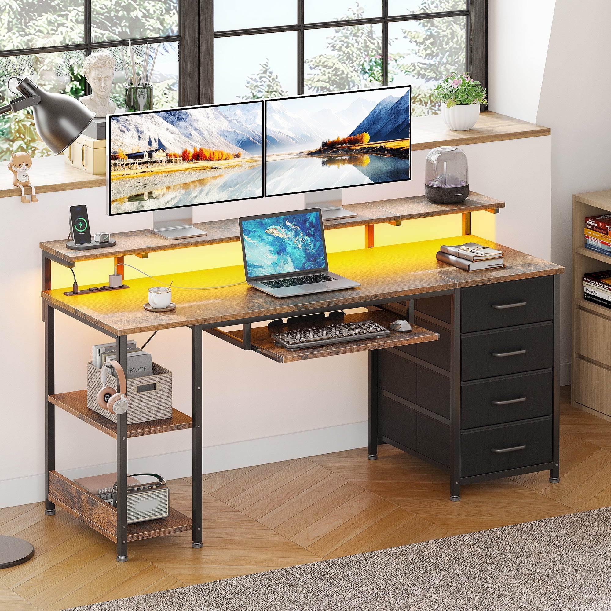 55 inch Office Desk with Power Outlet and Adjustable Monitor Stand, Computer Desk with Fabric Drawer and Keyboard Tray, Gaming Desk with LED Light & PC Stand, Vintage