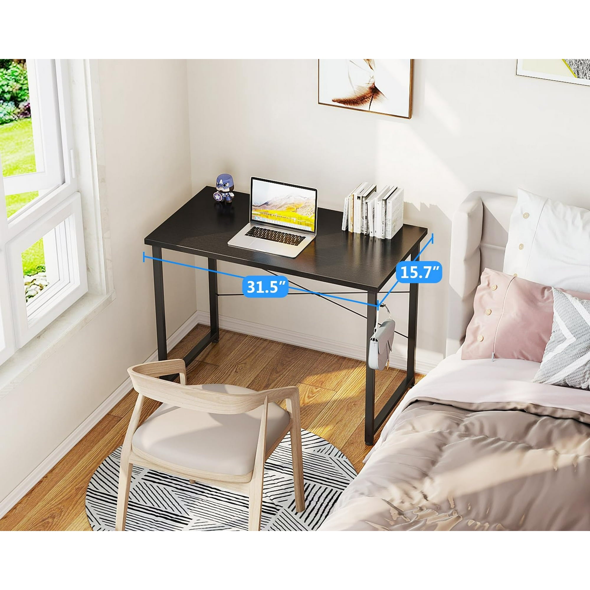 Sofanext 32 inch Small Home Office Computer Desk, Student Writing Table for Small Spaces, Simple Modern Desk with Headphone Hooks, Black