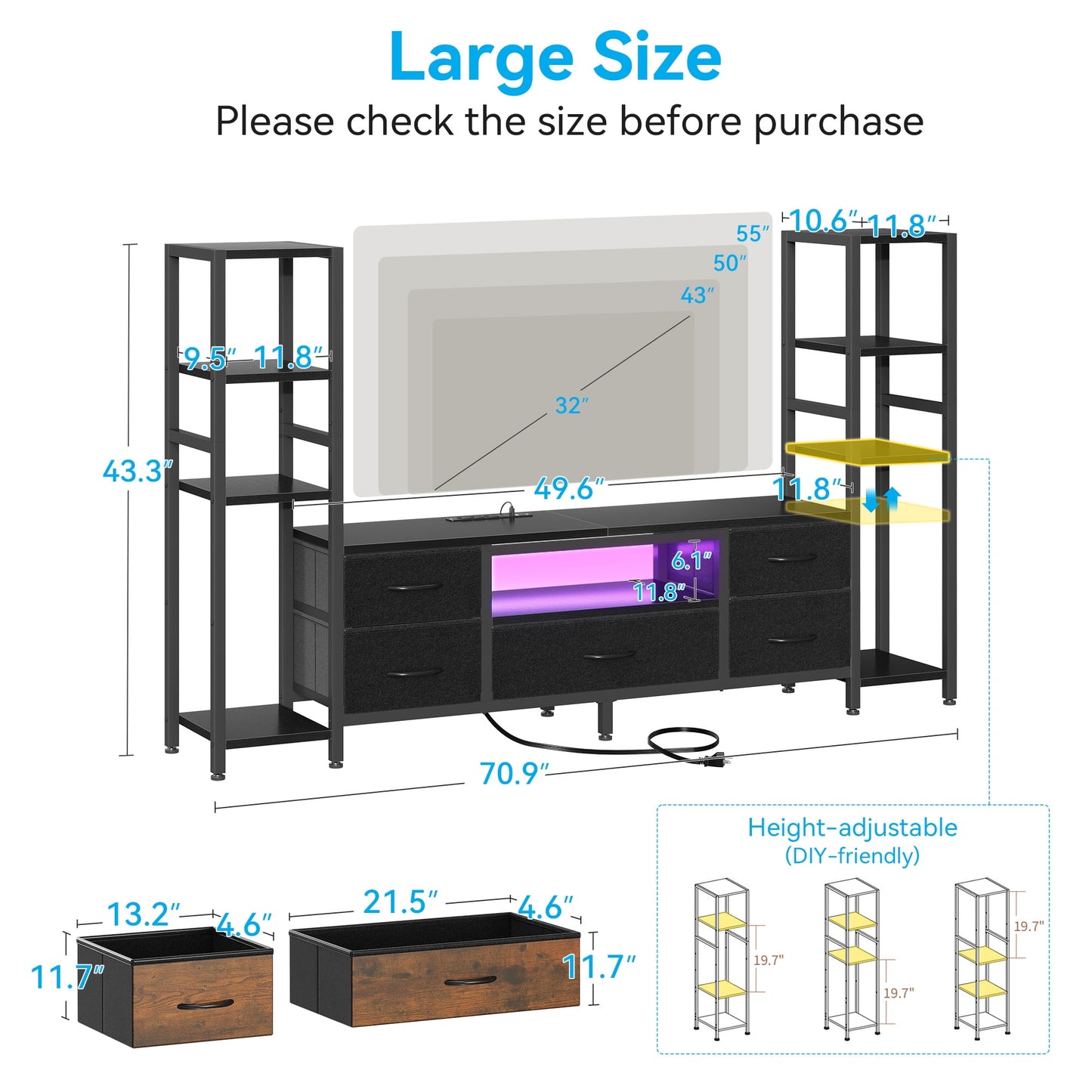 Sofanext 71" LED TV Stand with Power Outlets for 40/43/50 inch TV, Entertainment Center with 5 Fabric Drawers & Open Shelf Storage for Living Room/Bedroom,Black